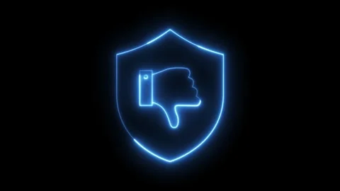 Neon blue glowing thumbs-down sign inside a shield revealing animation on a.. Stock Footage 318141862