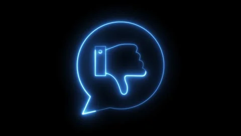 Neon blue glowing thumbs down animation inside speech bubble on black backg.. Stock Footage 318141956