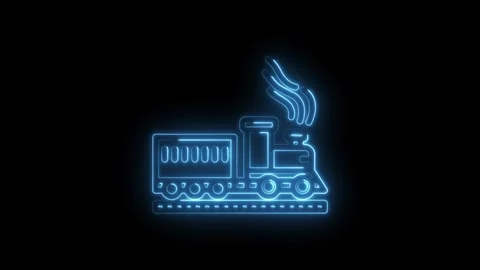 Neon blue glowing train icon with smoke and carriage on black background Stock Footage 333964103