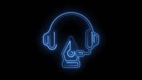 Neon blue graphic design support symbol with pen tool and headset on black Stock Footage 330778020