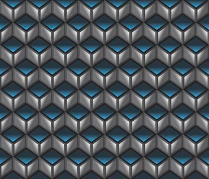 Neon blue &amp; grey 3d cubes contour abstract geometrical seamless pattern Stock Illustration
