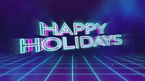 Neon Blue Grid with Happy Holidays and Galactic Glitters Vídeo Stock 246946341