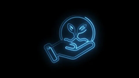 Neon blue hand holding growing plant sprout in circle icon animation on black Stock Footage 333952166