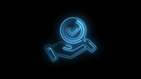 Neon blue hand holding magnifying glass with checkmark glowing on icon blac.. Stock Footage 346129210