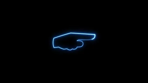 Neon blue hand icon pointing right with glowing light on black back. Stock-Footage 337330914