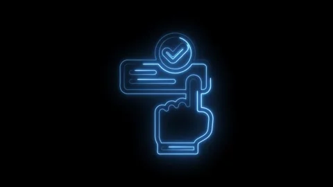 Neon blue hand icon touching a checkmark within a document symbol signifying Stock Footage 333955293