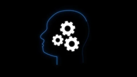 Neon blue head silhouette with white gears. Neon blue head silhouette glowi.. Stock Footage 337021673