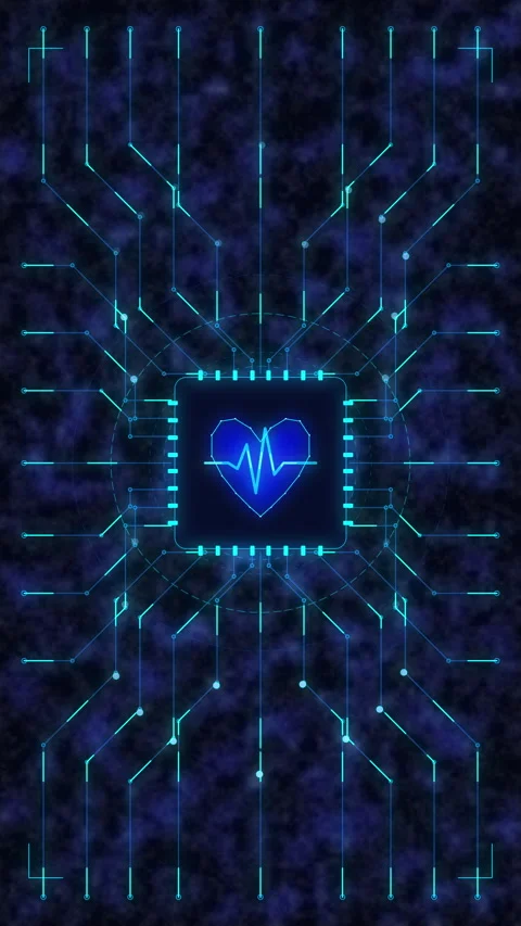 Neon blue heart pulse animation tech grid loop digital background Stock Footage 346639234