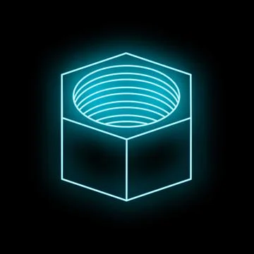 Neon blue hex nut glowing on black background Stock Illustration