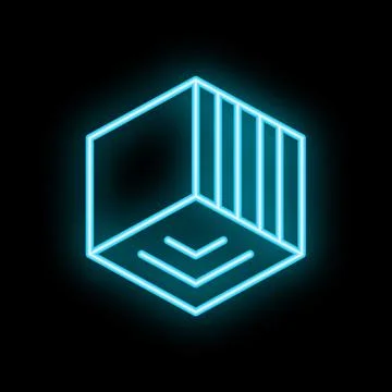 Neon blue hexagon with arrows pointing down inside cube shape glowing on bl.. Stock Illustration