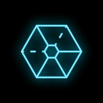 Neon blue hexagon forming a cube shape on black background Stockillustratie