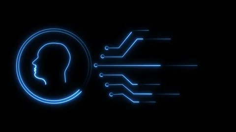Neon Blue Human Head Silhouette Connected to Digital Circuitry artificial i.. Stock Footage 337366627