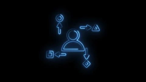 Neon blue human icon with directional arrows and abstract shapes in a dark Stock Footage 333957005