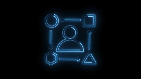 Neon blue human icon surrounded by geometric shapes and arrows illustrating Stock Footage 333959431