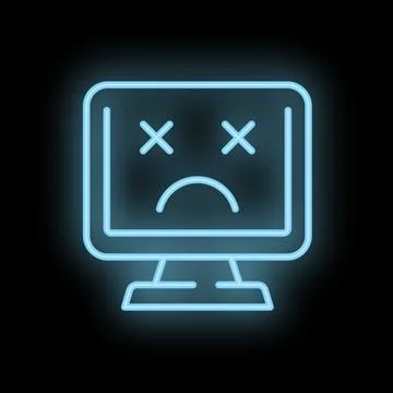 Neon blue icon of broken computer showing sad face Stock Illustration