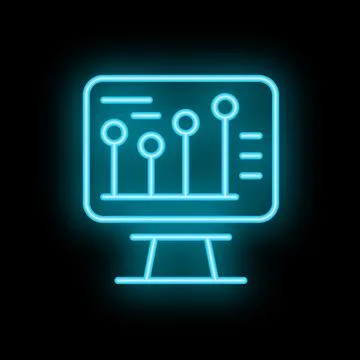 Neon blue icon of a computer displaying analytics on black background Stock Illustration