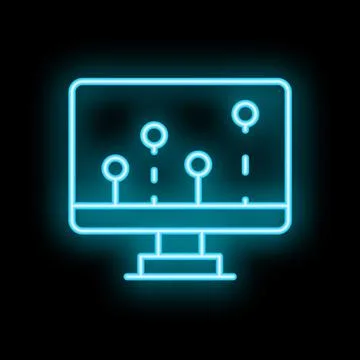 Neon blue icon of a computer displaying data analysis on a black background Stock Illustration