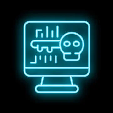 Neon blue icon of a computer screen showing a key and a skull representing .. 库存插图