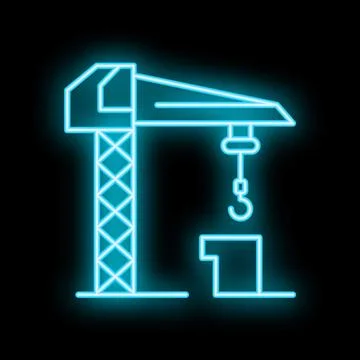 Neon blue icon of a construction crane lifting a concrete block, glowing on b Ilustración de archivo
