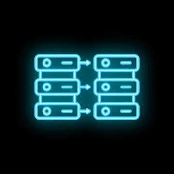 Neon blue icon of data transferring between servers on black background Illustrazione stock