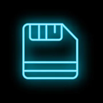 Neon blue icon of a floppy disk glowing on black background Stock Illustration