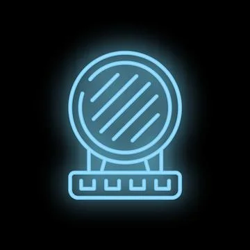 Neon blue icon of a makeup mirror glowing on black background Stock Illustration