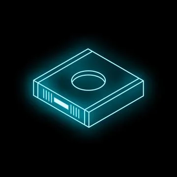Neon blue icon of a server room network switch glowing on a black background Stock Illustration