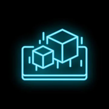 Neon blue icon of two cubes being projected from a tablet, representing augme Illustrazione stock