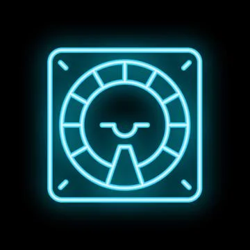 Neon blue icon of a ventilation fan smiling on black background Ilustración de archivo