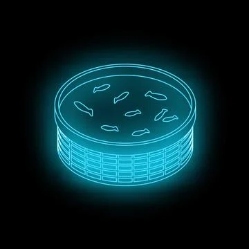 Neon blue inflatable pool with fish swimming on black background Stock Illustration