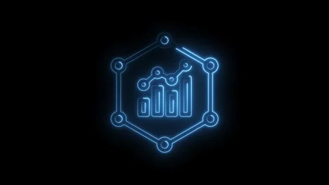 Neon blue infographic chart icon with connecting nodes and hexagonal frame on Stock Footage 333961077