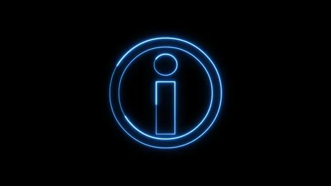 Neon blue information icon pulsating on a solid black background. Stockbeeldmateriaal 337081813