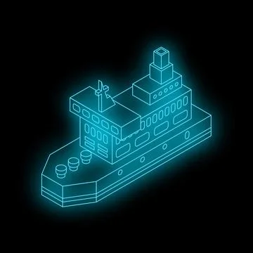 Neon blue isometric cargo ship shining on black background Stock Illustration