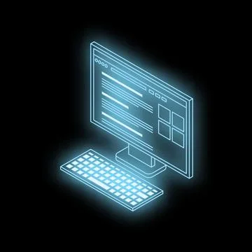 Neon blue isometric computer displaying website with keyboard glowing on blac Illustrazione stock