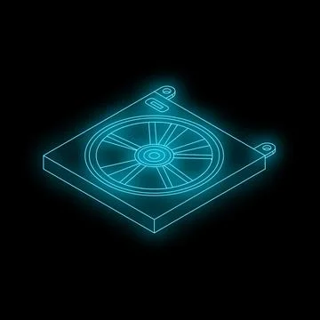 Neon blue isometric computer fan radiating light on black background 스톡 일러스트