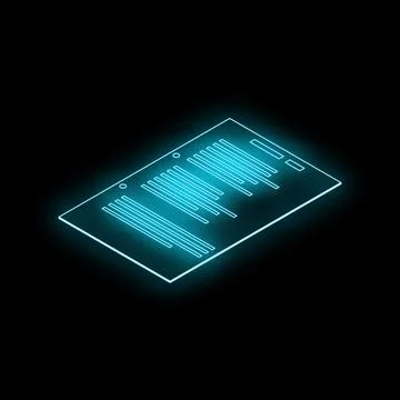 Neon blue isometric document icon glowing on dark background Stockillustratie