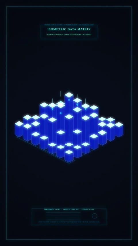 Neon blue isometric grid animation glowing squares in futuristic space Stock Footage 347059040
