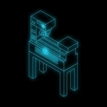 Neon blue isometric milling machine glowing on black background representing  Stock Illustration
