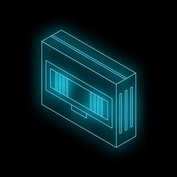 Neon blue isometric server rack glowing on black background Illustrazione stock