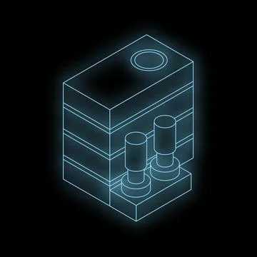Neon blue isometric server rack glowing on dark background, featuring two pro Illustrazione stock