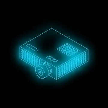 Neon blue isometric video projector illuminating a business meeting with a bl Stock Illustration