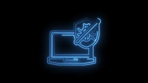 Neon blue laptop computer icon with shield and bug symbol crossed out Stockbeeldmateriaal 333958157
