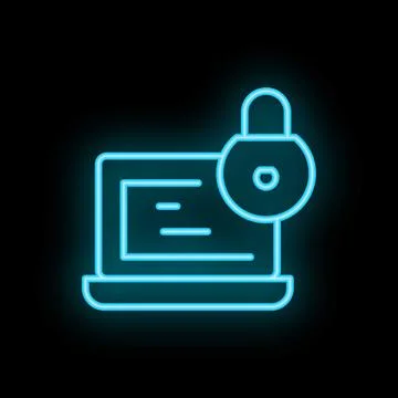 Neon blue laptop computer icon with padlock showing data security Stock Illustration