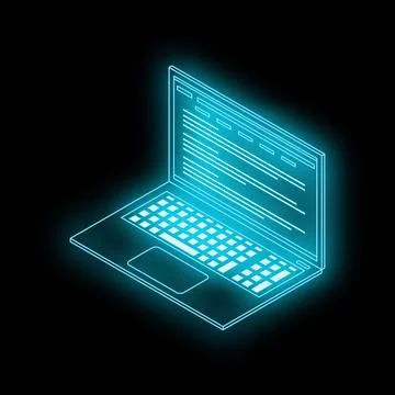 Neon blue laptop showing code on black background Stock Illustration