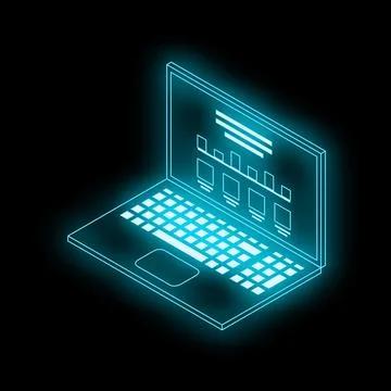 Neon blue laptop showing data chart on black background Stock Illustration