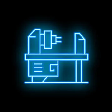 Neon blue lathe machine glowing on black background Stock Illustration