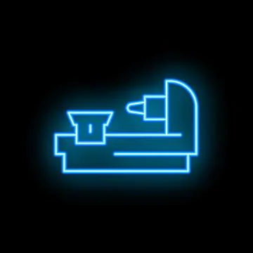 Neon blue lathe machine icon glowing on black background Stock Illustration