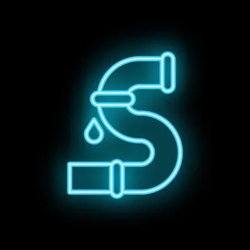Neon blue leaking pipe icon on black brick wall Stock Illustration