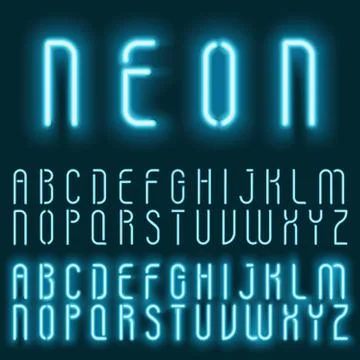 Neon blue light alphabet vector font. Glowing text effect. Neon tube letters on Stock Illustration