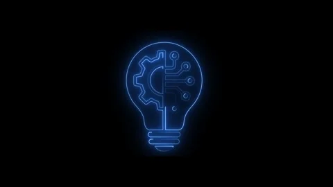 Neon blue light bulb icon animation with digital circuit and cogwheel eleme.. Stock Footage 338159870